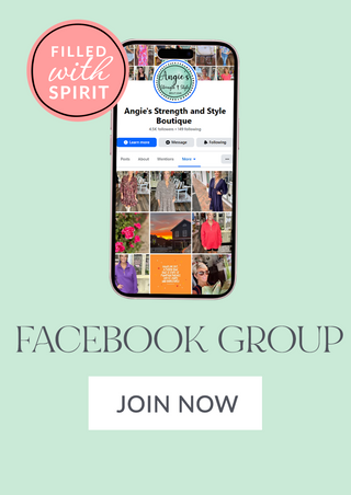 Angie’s Strength and Style Boutique Facebook group banner with join now button on mint green background.