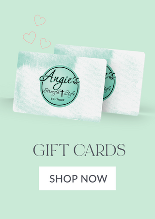 Angie’s Strength and Style Boutique gift cards with shop now button on mint green background.
