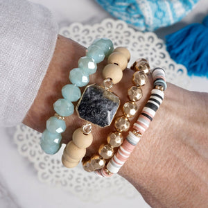 Boho Beaded Bracelets Set Semi Precious Center Stone Wood Glass Clay Beads Aqua Blue Gray and Gold