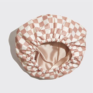 Satin Lined Flexi Shower Cap - Terracotta Checker