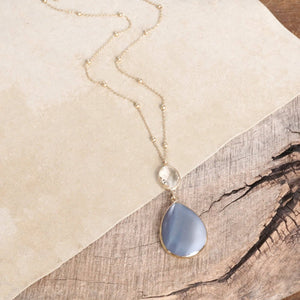 Boho Minimal Long Necklace with Teardrop Natural Stone Pendant – Gray and Worn Gold Tone (Copy)