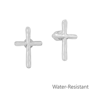 Silver cross earrings on a white background with 'Water-Resistant' text.
