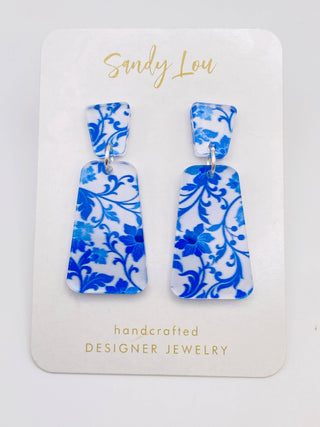 GEO VINTAGE BLUE FLORAL EARRINGS