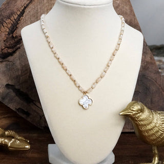 Short Beaded Clover Pendant Necklace with Semi-Precious Stone Beads