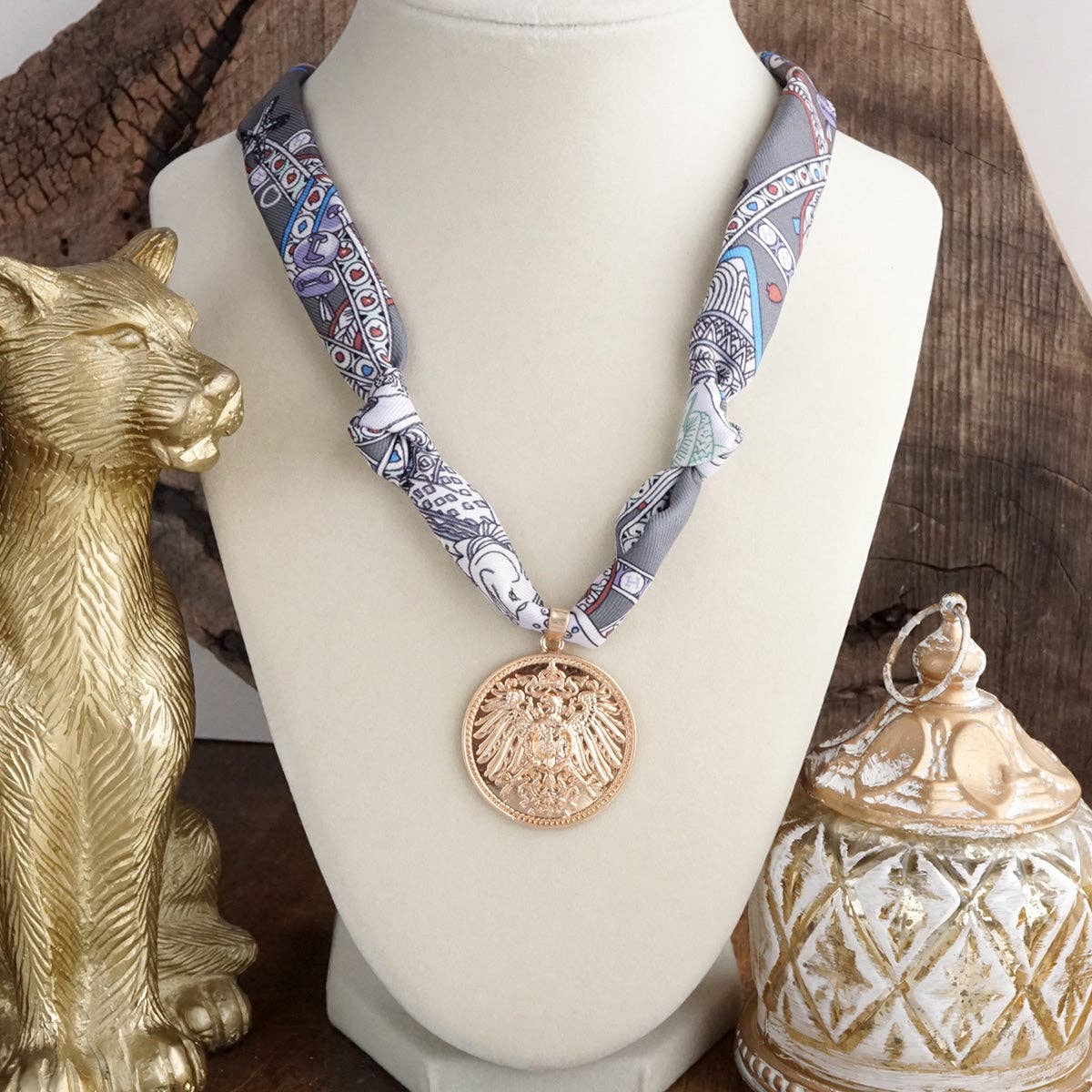 Eagle’s Emblem – Golden Coin Necklace with Gray Scarf Tie