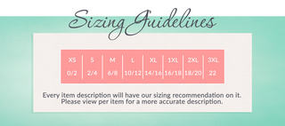 Sizing guidelines chart showing sizes XS to 3XL with number equivalents and sizing note on teal background.