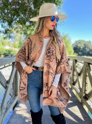 Elegant Floral Print Cape in Camel