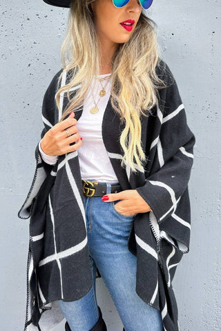 Black Grey Dual-Tone Check Printed Cozy Reversible Ruana