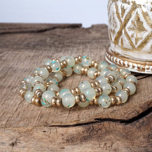 Glass Beaded Bracelet Stack with Worn Gold Accents – Green, Cream, or Gray