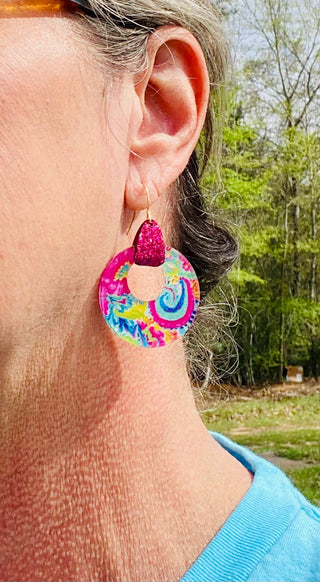 Citrus Lemon Print Stirrup Hoop Earrings 