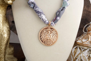 Eagle’s Emblem – Golden Coin Necklace with Gray Scarf Tie