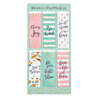 Set of magnetic page markers with motivational phrases on a green background