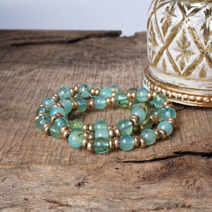 Glass Beaded Bracelet Stack with Worn Gold Accents – Green, Cream, or Gray