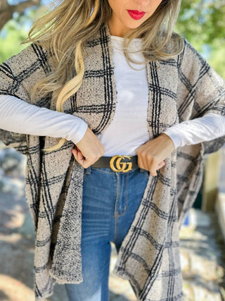 Chic Oatmeal Plaid Knitted Ruana Cardigan