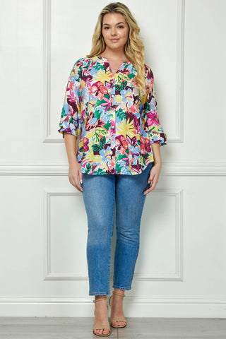 Summer Florals Mandarin Collar Blouse in Curvy