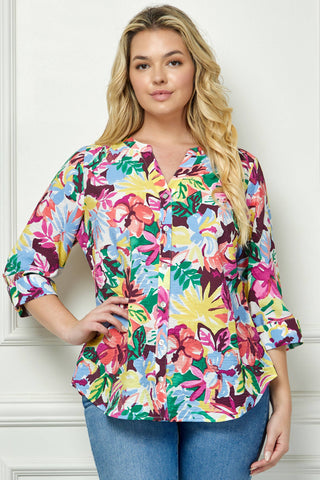 Summer Florals Mandarin Collar Blouse in Curvy
