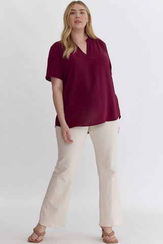 Plus Size V-Neck Placket Top – Burgundy