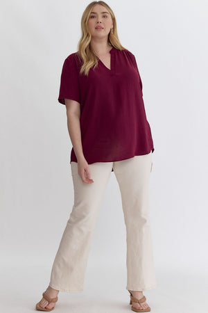 Plus Size V-Neck Placket Top – Burgundy