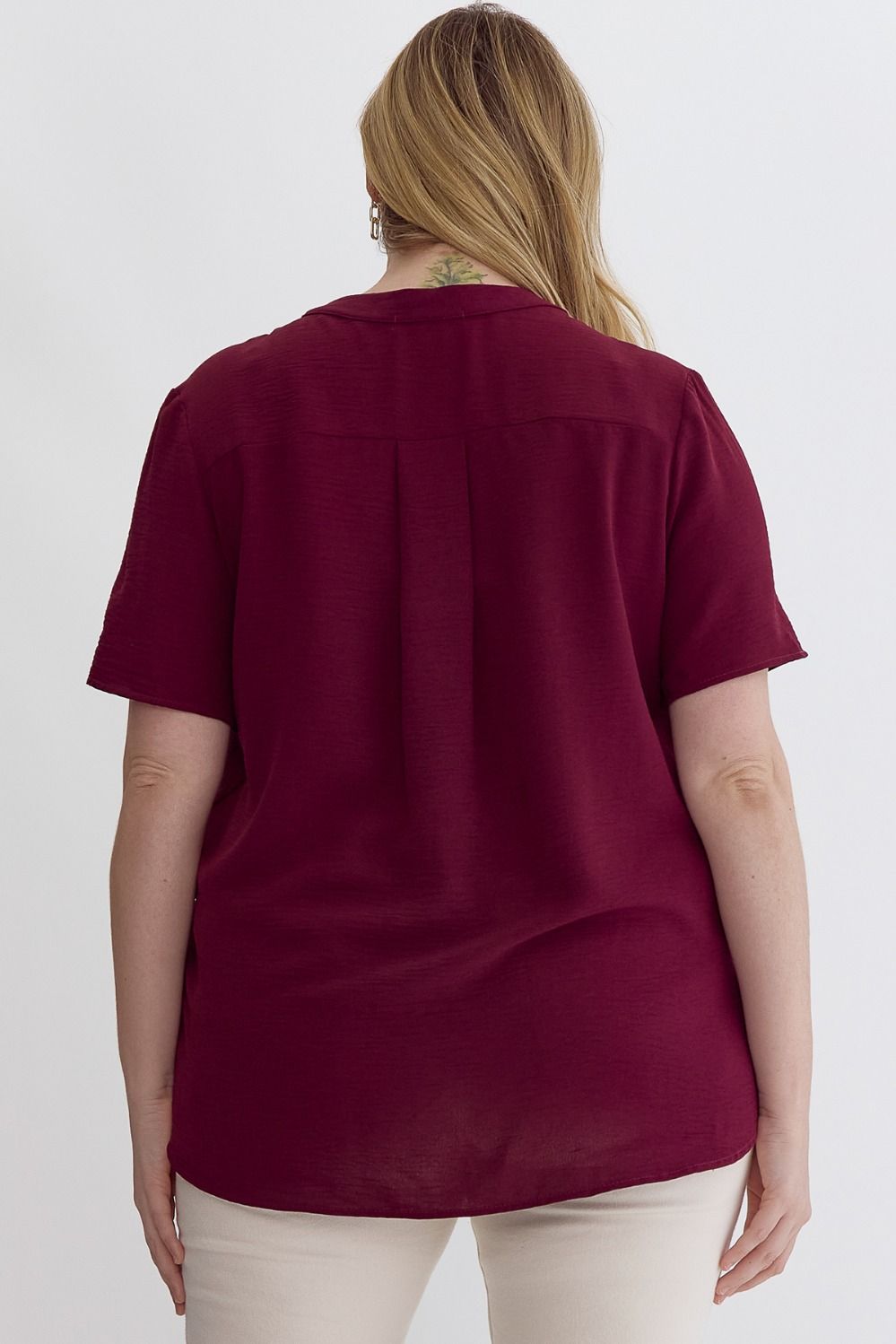 Plus Size V-Neck Placket Top – Burgundy