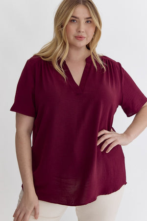 Plus Size V-Neck Placket Top – Burgundy