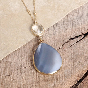 Boho Minimal Long Necklace with Teardrop Natural Stone Pendant – Gray and Worn Gold Tone (Copy)