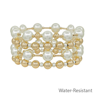 Set of 4 water resistant Gold and Pearl 10MM beaded stretch bracelets. 