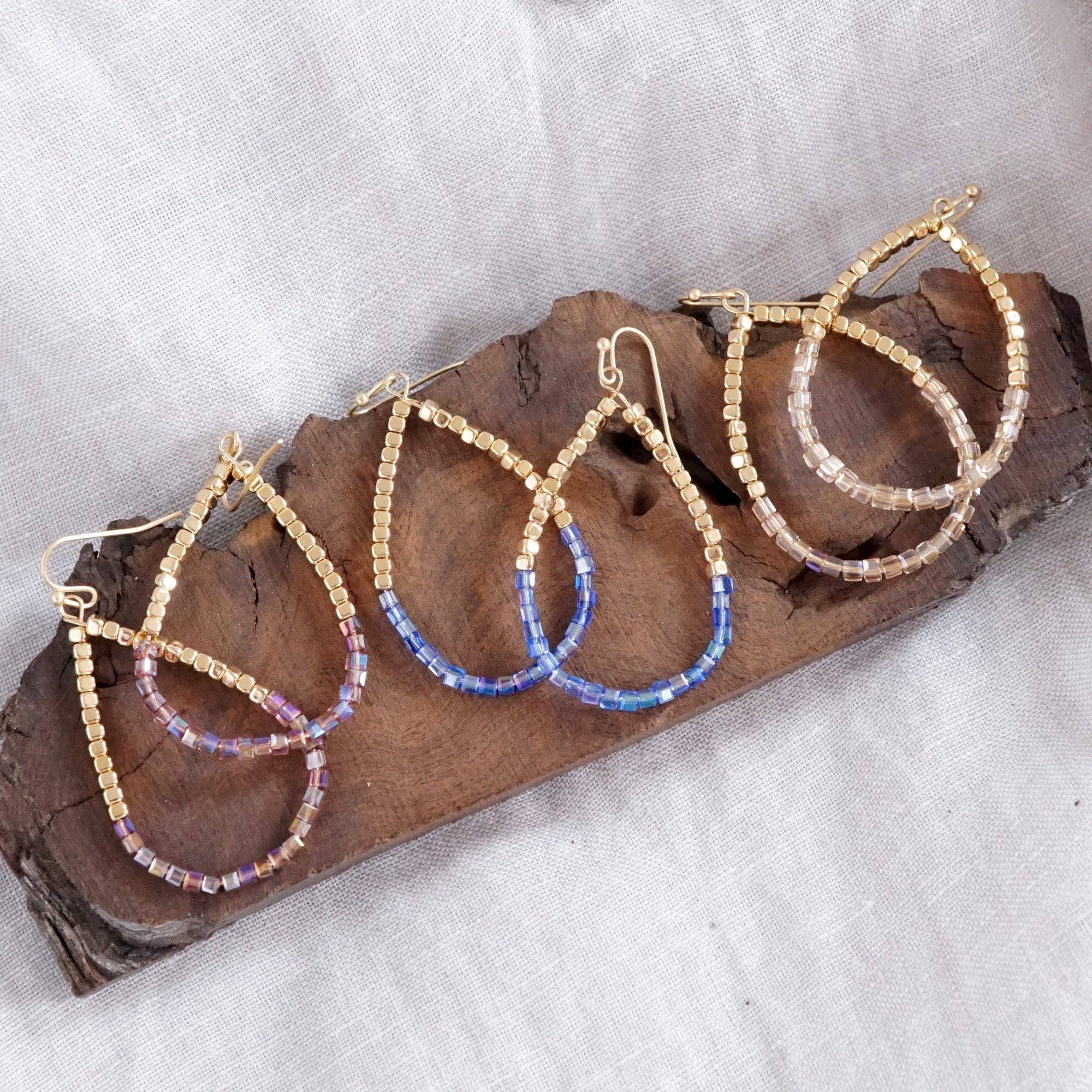 Glass & Gold Beaded Teardrop Earrings - Gold, Purple, Blue, Neutral
