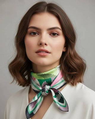 Woman wearing a colorful scarf around her neck against a neutral background