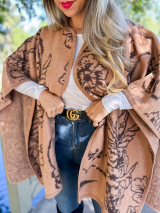 Elegant Floral Print Cape in Camel