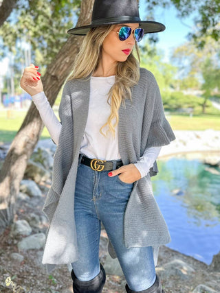 Soft Grey Ruffle Detail Open Front Lightweight Ruana Shawl