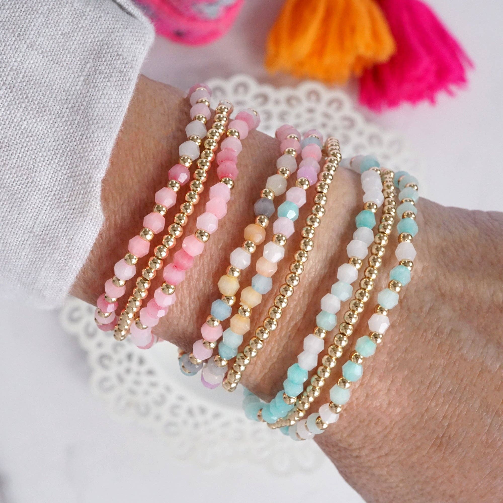 Small Gold tone and Glass beads bracelet stack of 3 bracelets - Pink, Mint or Multi