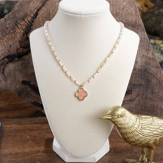 Short Beaded Clover Pendant Necklace with Semi-Precious Stone Beads