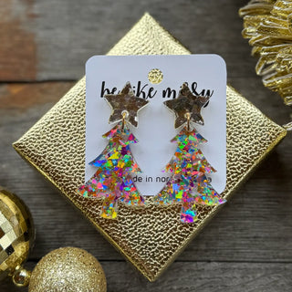 Christmas Tree Earrings - Disco Glitter with Stars