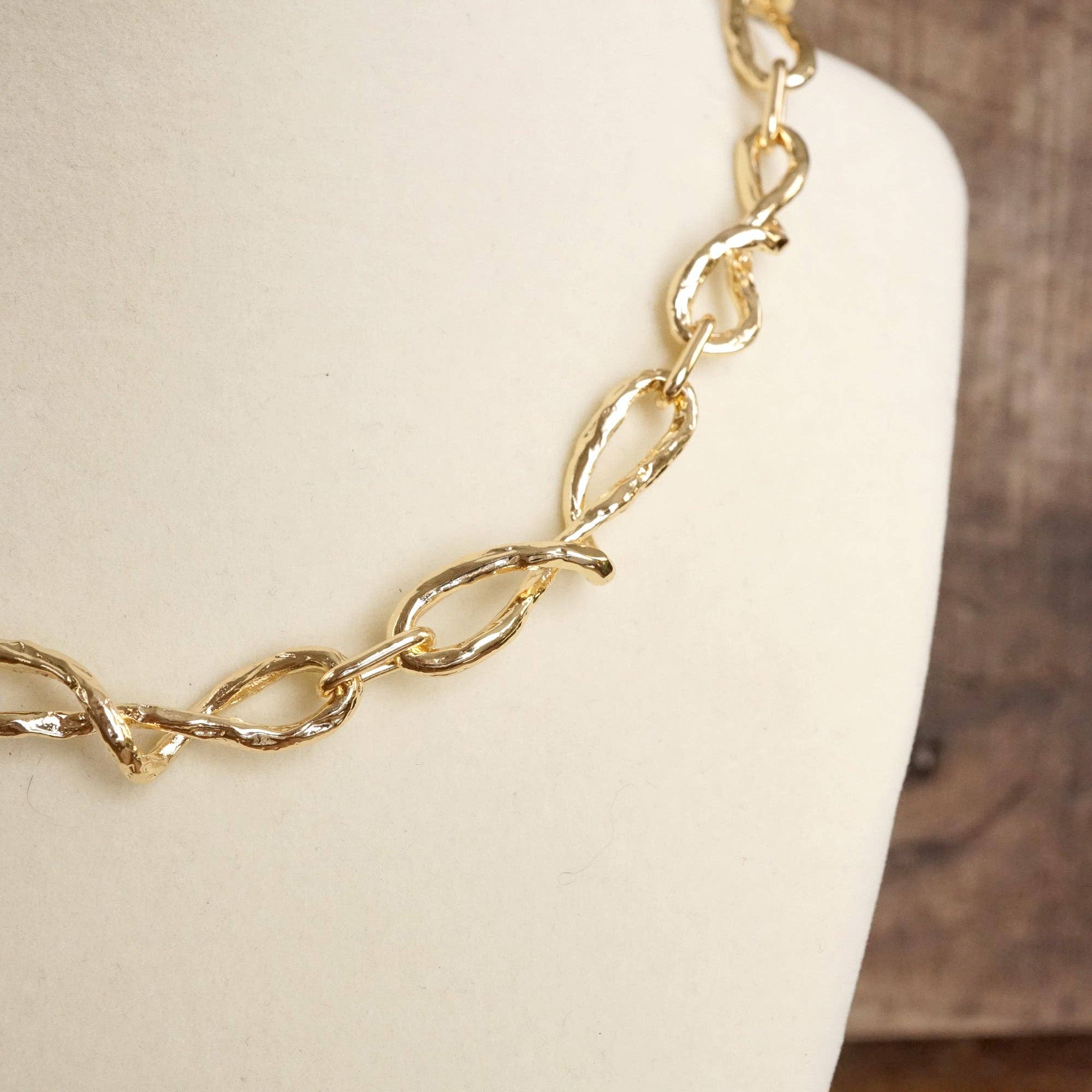 Boho Necklace – Raw Twisted Link Chain in Gold Tone