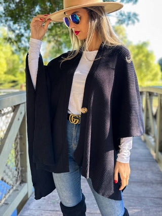 Classic Black Ribbed Knit Ruana with Button