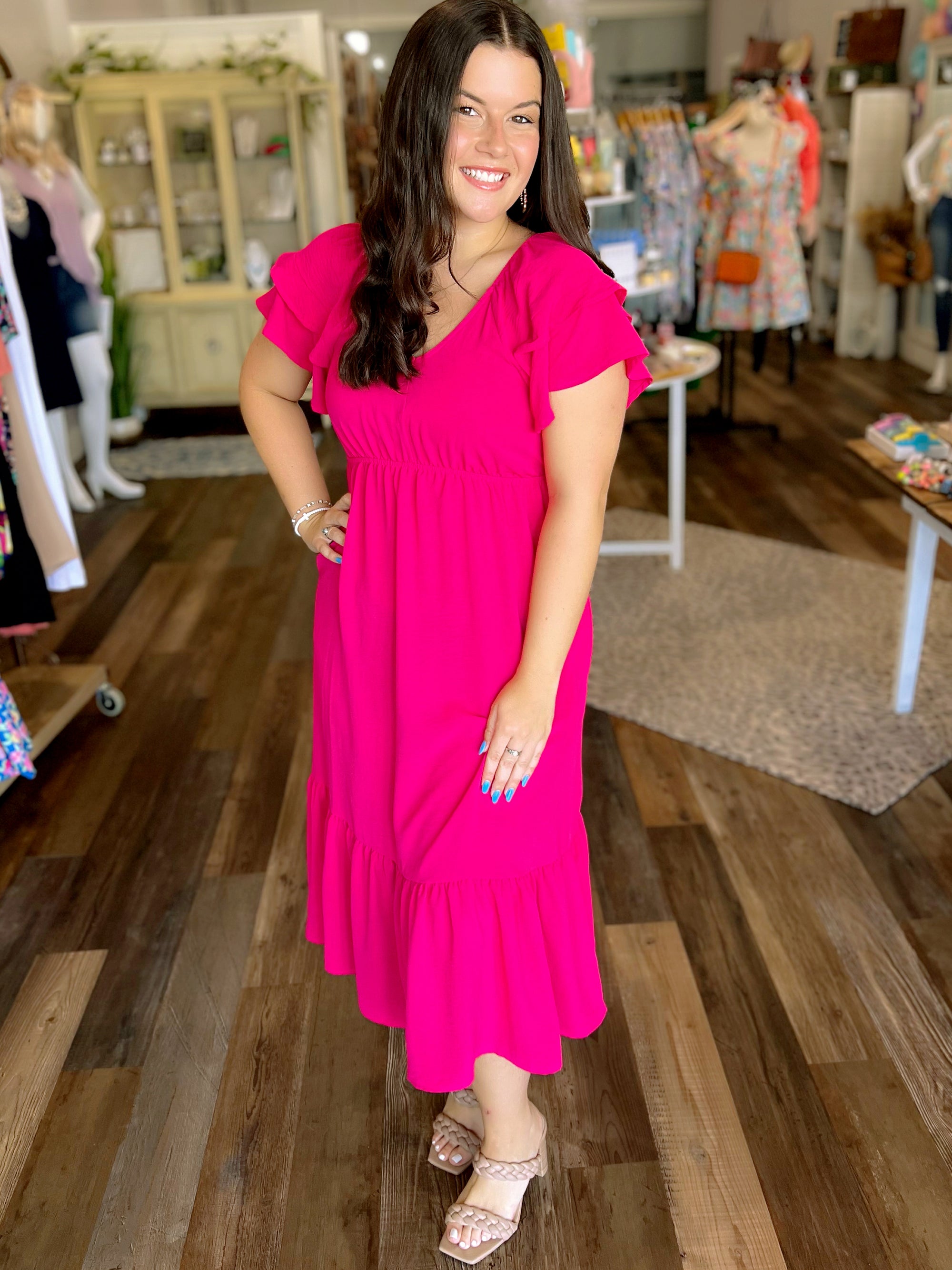 Fuchsia Pink Flutter Sleeve Dress