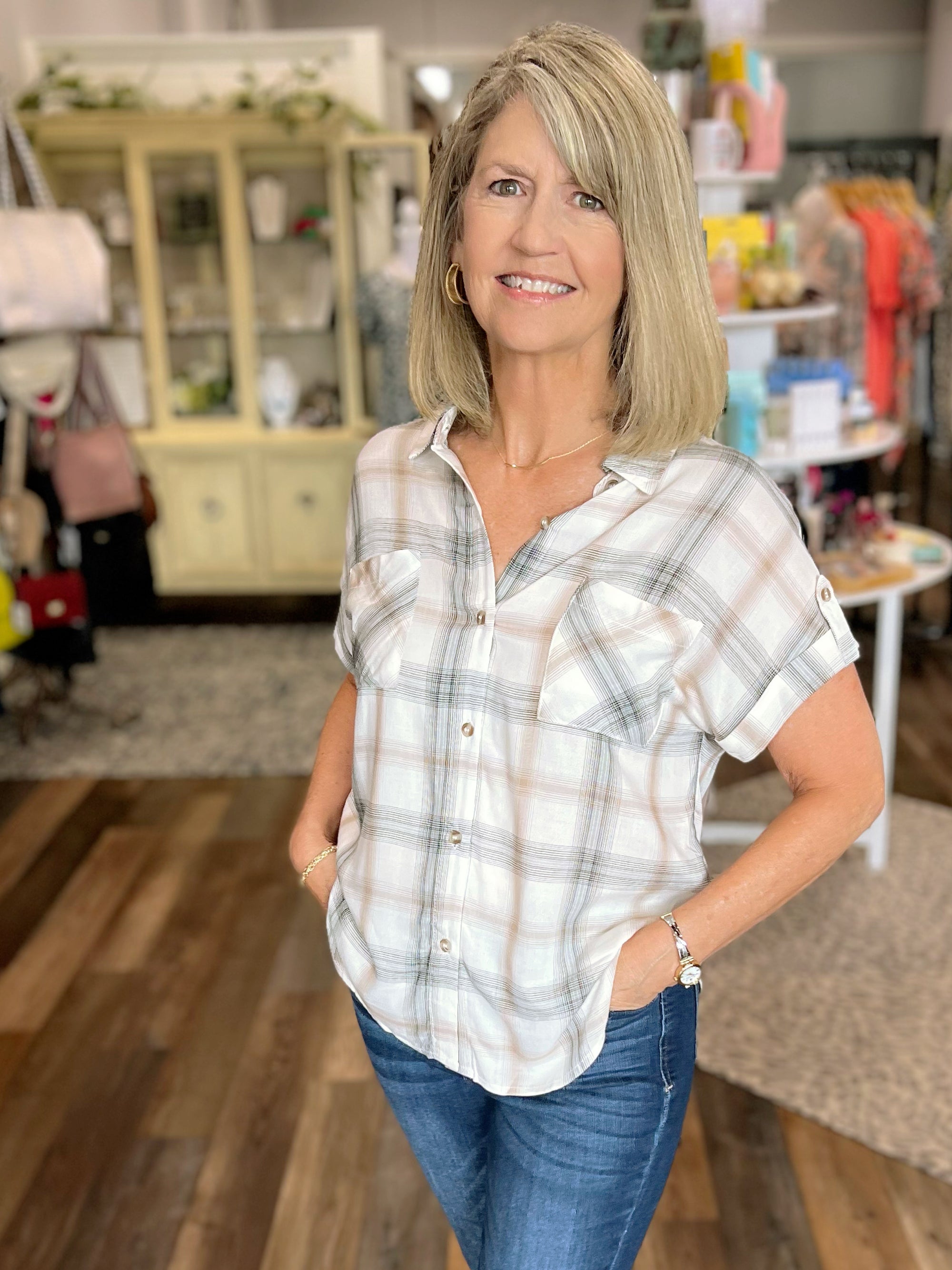 Plaid Short Sleeve Woven Top