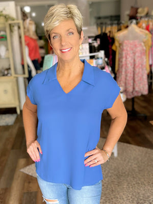 Solid Collared V Neck Top