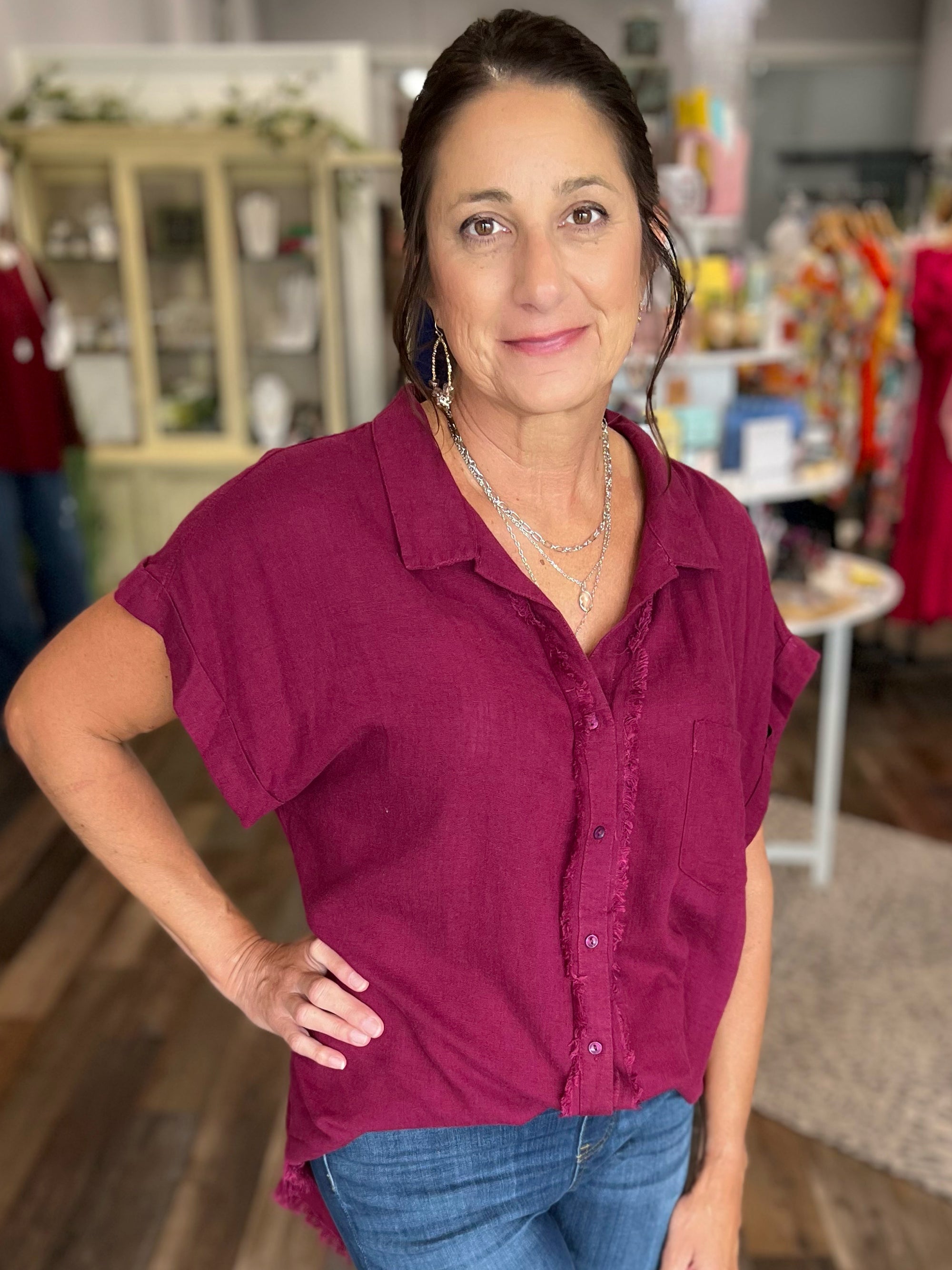 Linen Blend Frayed Detail Top in Curvy