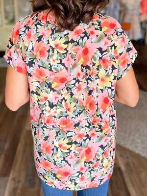 Black & Pink Floral Print Top