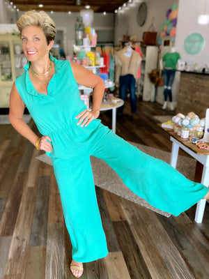Green Ruffled V-Neck Jumpsuit