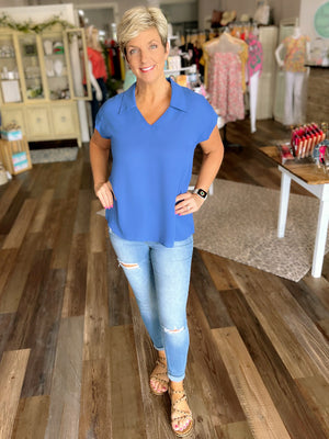 Solid Collared V Neck Top