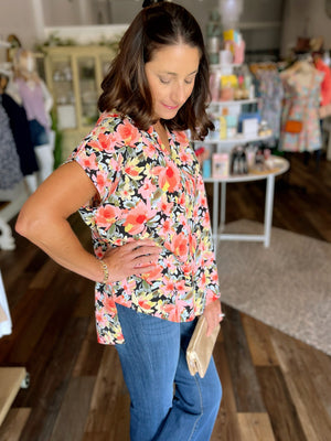 Black & Pink Floral Print Top
