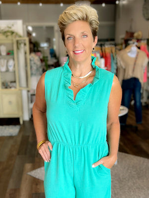 Green Ruffled V-Neck Jumpsuit