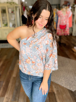 One Shoulder Sage Floral Top