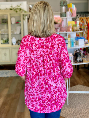 Mandarin Collar Hot Pink Animal Print Top in Regular and Curvy
