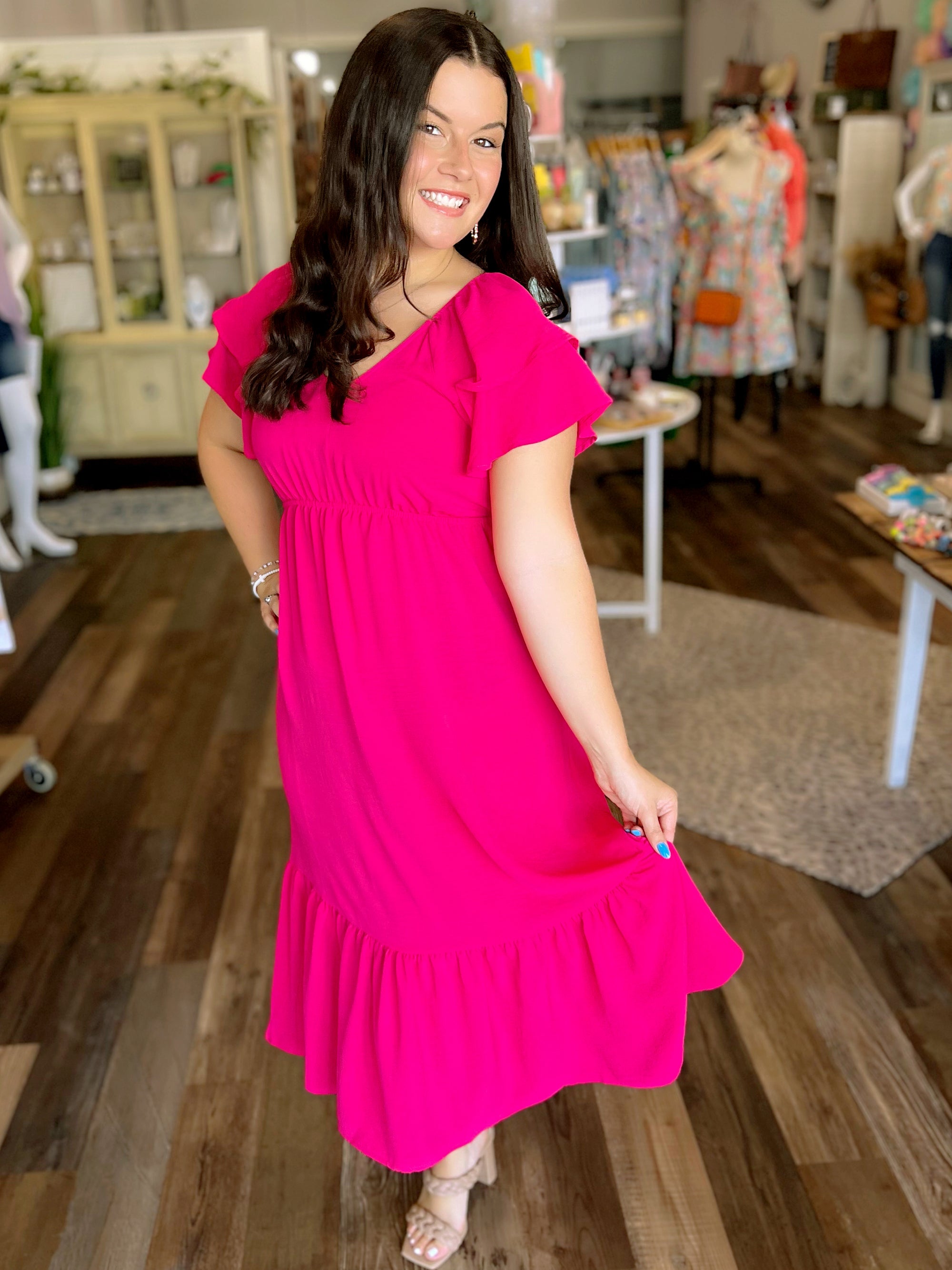 Fuchsia Pink Flutter Sleeve Dress
