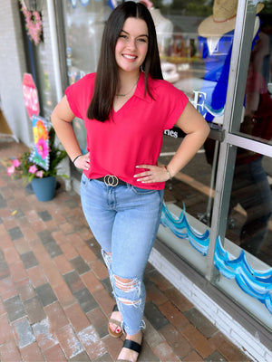 Solid Collared V Neck Top