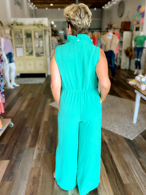 Green Ruffled V-Neck Jumpsuit