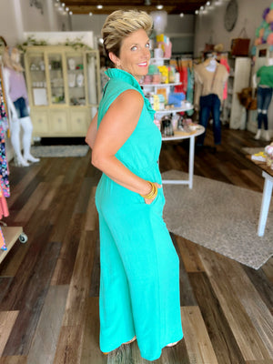 Green Ruffled V-Neck Jumpsuit